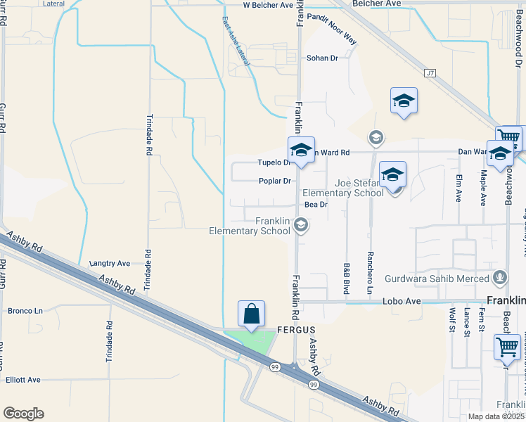 map of restaurants, bars, coffee shops, grocery stores, and more near 3117 Bea Drive in Merced