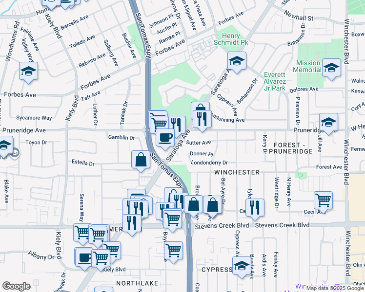 map of restaurants, bars, coffee shops, grocery stores, and more near 267 Saratoga Avenue in Santa Clara