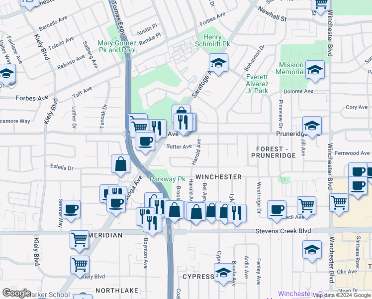 map of restaurants, bars, coffee shops, grocery stores, and more near 2356 Sutter Avenue in Santa Clara