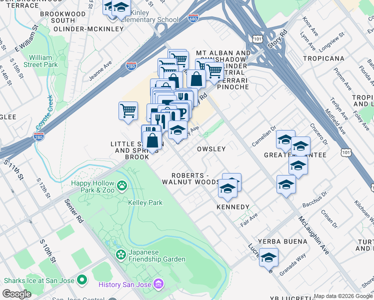 map of restaurants, bars, coffee shops, grocery stores, and more near 941 Bellhurst Avenue in San Jose