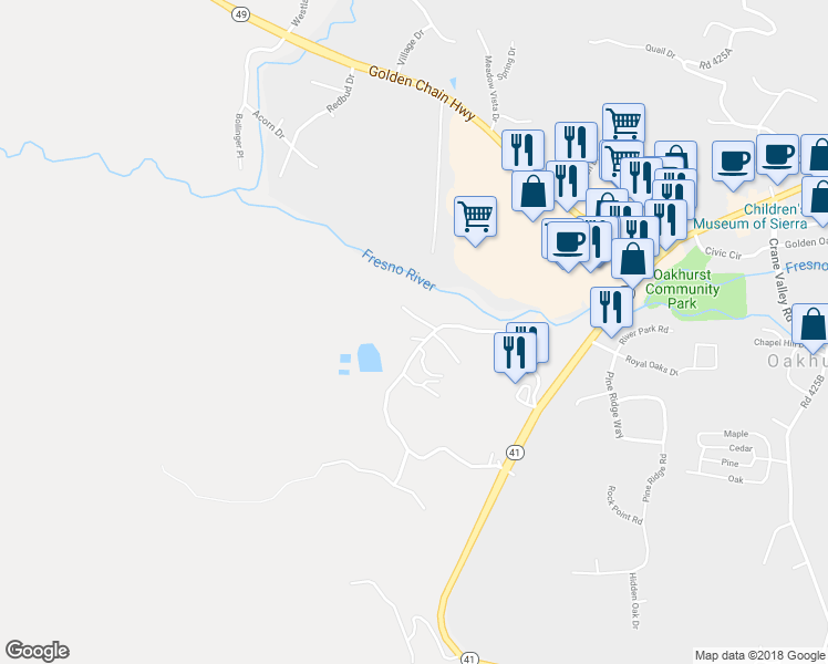 map of restaurants, bars, coffee shops, grocery stores, and more near 39925 Victoria Place in Oakhurst