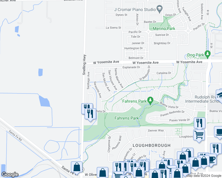 map of restaurants, bars, coffee shops, grocery stores, and more near 3540 San Moritz Avenue in Merced