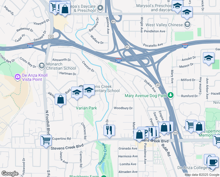 map of restaurants, bars, coffee shops, grocery stores, and more near 10421 Phar Lap Drive in Cupertino