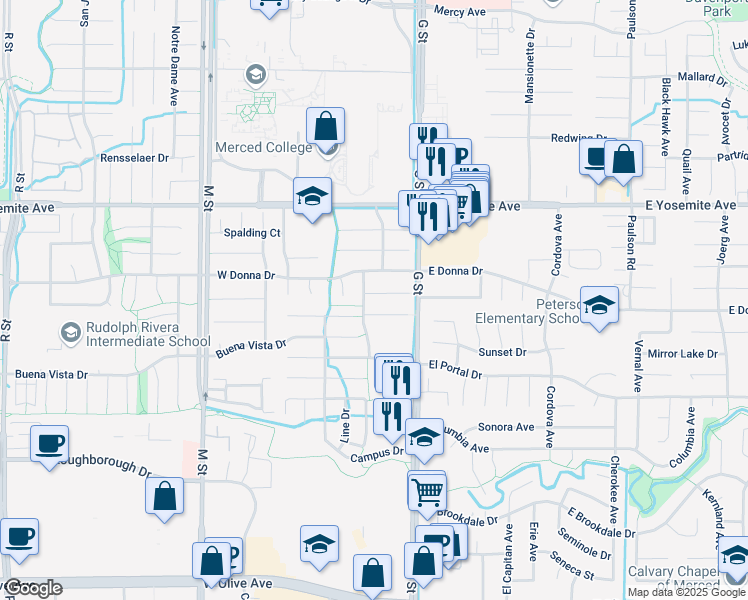 map of restaurants, bars, coffee shops, grocery stores, and more near 154 Snowmass Court in Merced