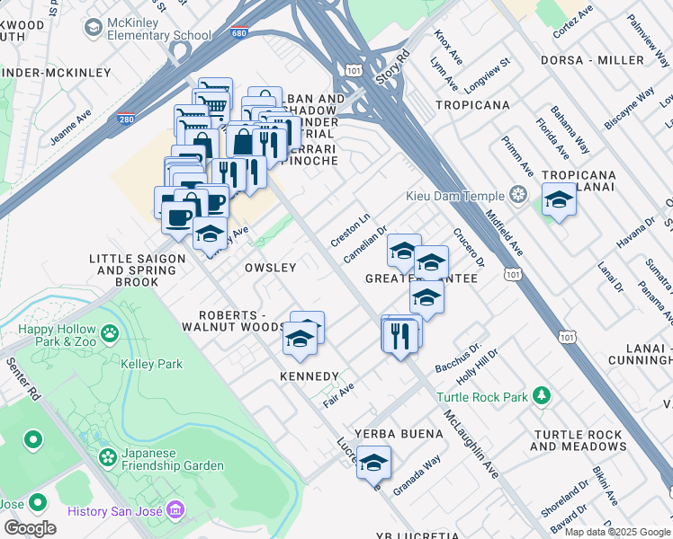 map of restaurants, bars, coffee shops, grocery stores, and more near McLaughlin Avenue & Carnelian Drive in San Jose