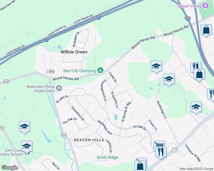 map of restaurants, bars, coffee shops, grocery stores, and more near 5424 Bauman Drive in Roanoke