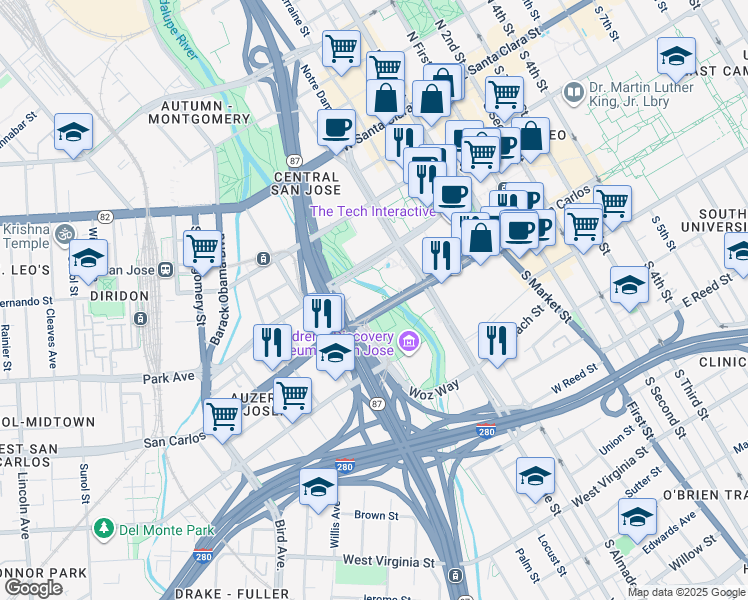map of restaurants, bars, coffee shops, grocery stores, and more near 279 West San Carlos Street in San Jose
