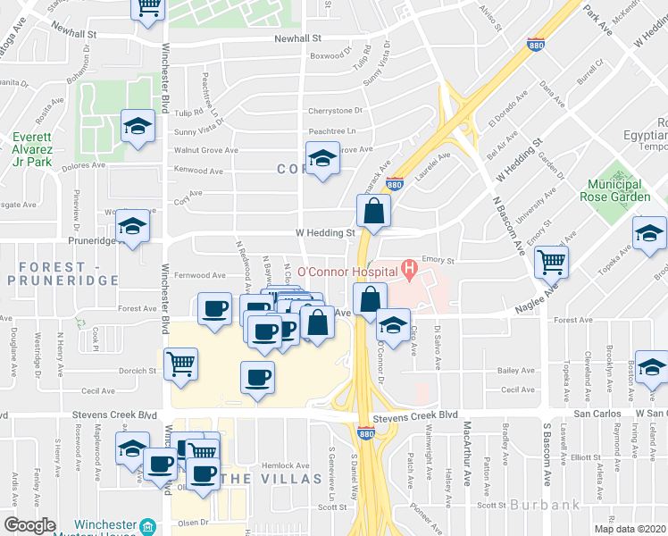 map of restaurants, bars, coffee shops, grocery stores, and more near 711 North Genevieve Lane in San Jose