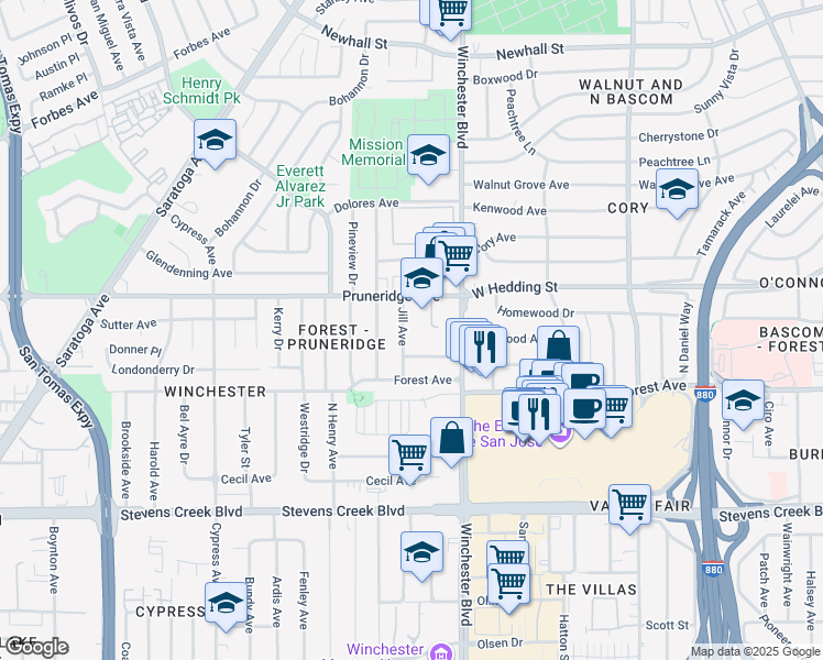 map of restaurants, bars, coffee shops, grocery stores, and more near 100 North Winchester Boulevard in Santa Clara