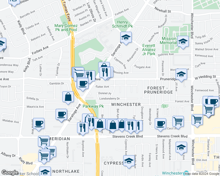 map of restaurants, bars, coffee shops, grocery stores, and more near 242 Harold Avenue in Santa Clara