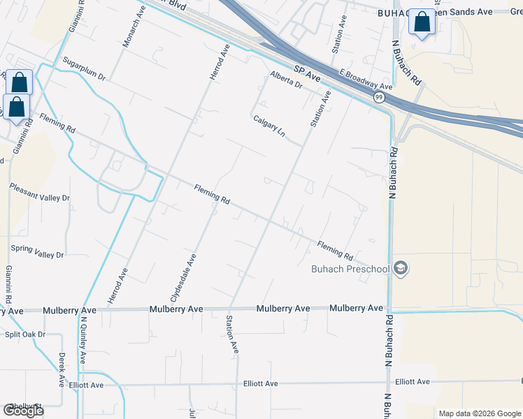 map of restaurants, bars, coffee shops, grocery stores, and more near 5444 Fleming Road in Atwater