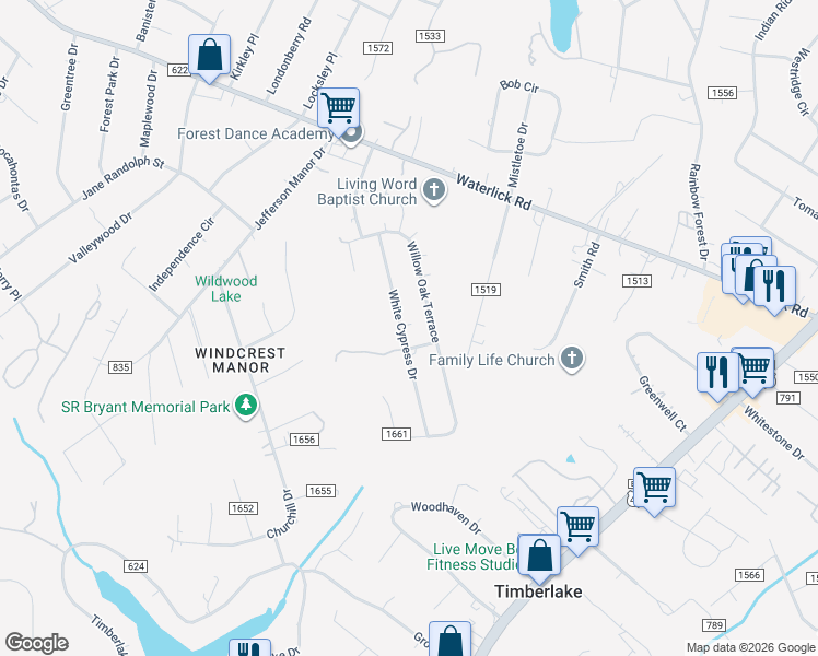 map of restaurants, bars, coffee shops, grocery stores, and more near 197 White Cypress Drive in Forest