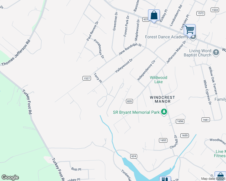map of restaurants, bars, coffee shops, grocery stores, and more near 201 Gooseneck Ct in Forest