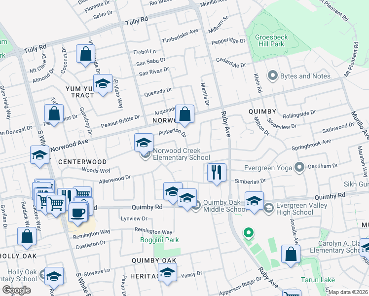 map of restaurants, bars, coffee shops, grocery stores, and more near 3321 Padilla Way in San Jose