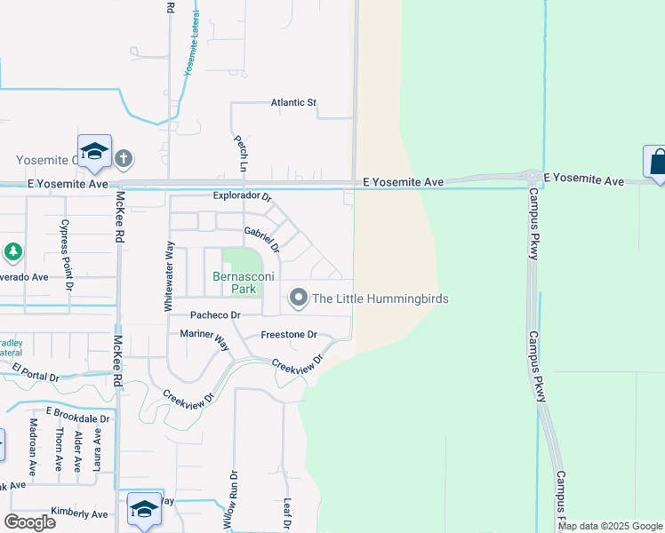 map of restaurants, bars, coffee shops, grocery stores, and more near Pineda Drive in Merced