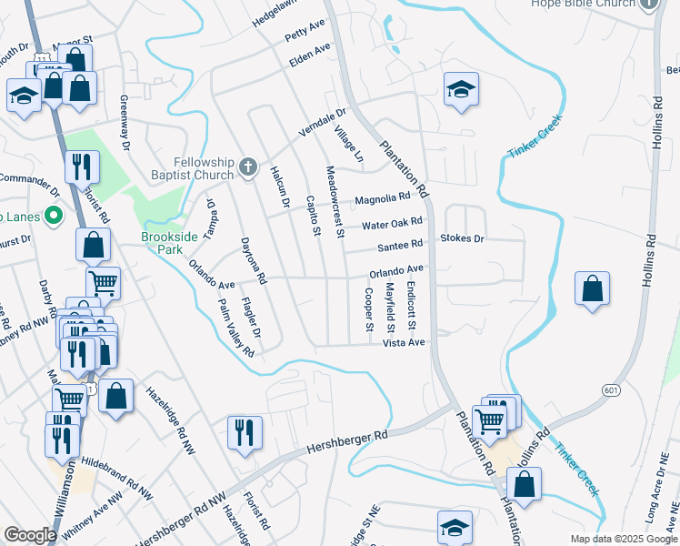 map of restaurants, bars, coffee shops, grocery stores, and more near 5504 Meadowcrest Street in Hollins
