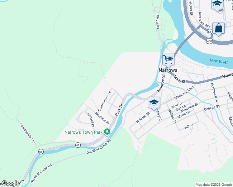 map of restaurants, bars, coffee shops, grocery stores, and more near 100 Dogwood Lane in Narrows
