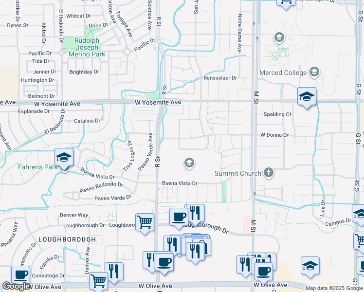 map of restaurants, bars, coffee shops, grocery stores, and more near 899 La Jolla Way in Merced