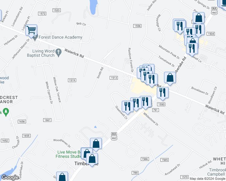 map of restaurants, bars, coffee shops, grocery stores, and more near 257 Greenwell Court in Lynchburg