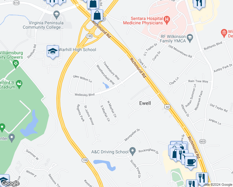 map of restaurants, bars, coffee shops, grocery stores, and more near 6108 Shrewsbury Square in Williamsburg