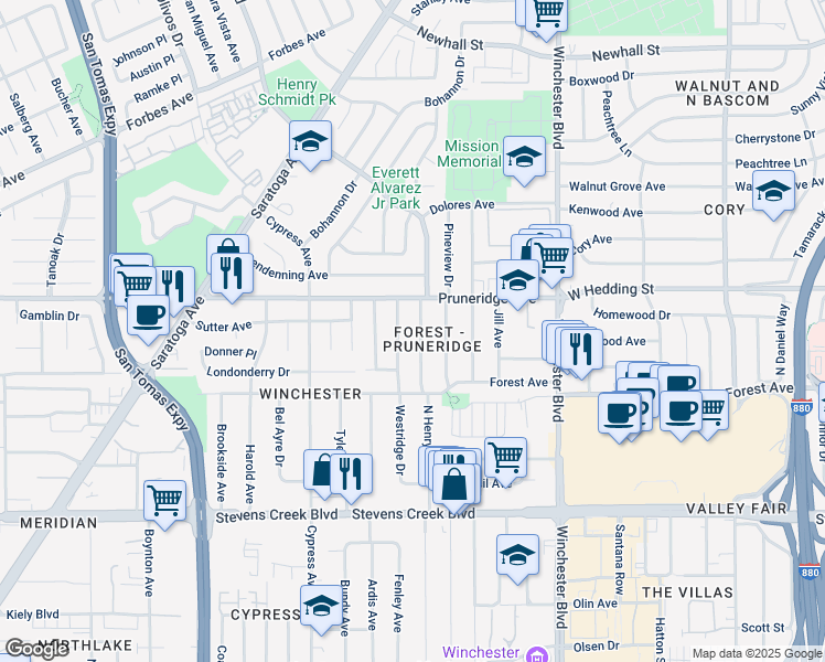 map of restaurants, bars, coffee shops, grocery stores, and more near 707 North Henry Avenue in San Jose