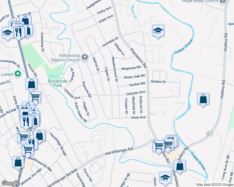 map of restaurants, bars, coffee shops, grocery stores, and more near 5504 Meadowcrest Street in Hollins