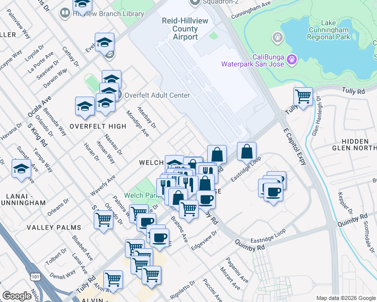 map of restaurants, bars, coffee shops, grocery stores, and more near 1743 Quimby Road in San Jose