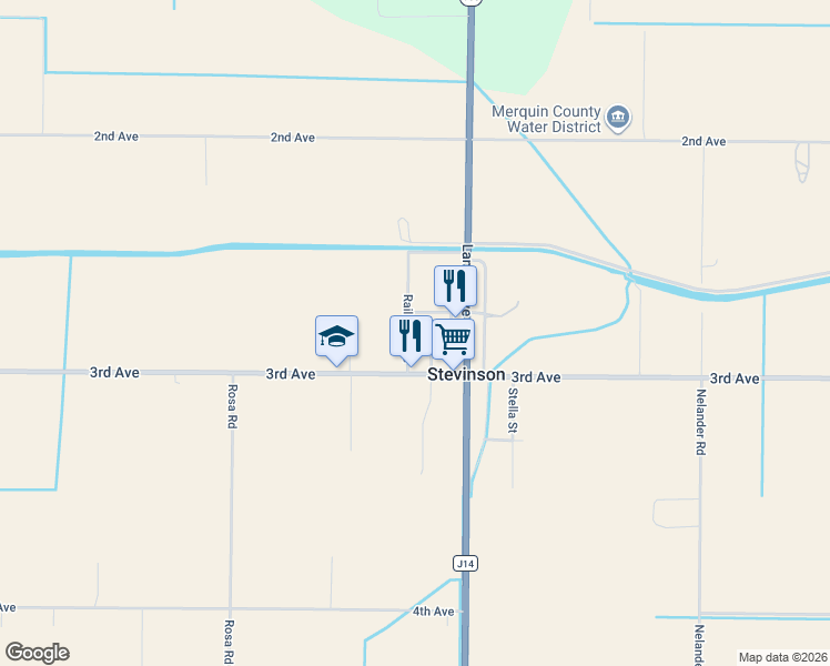 map of restaurants, bars, coffee shops, grocery stores, and more near 2817 Railroad Avenue in Stevinson
