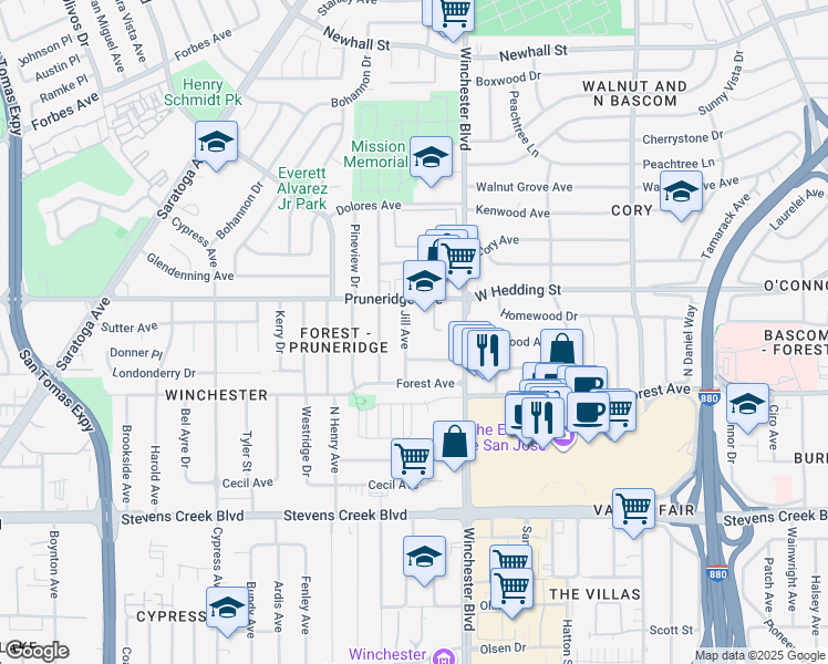 map of restaurants, bars, coffee shops, grocery stores, and more near 100 North Winchester Boulevard in Santa Clara