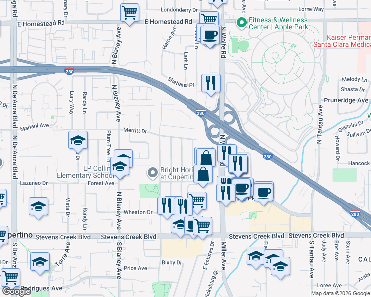 map of restaurants, bars, coffee shops, grocery stores, and more near 10408 Denison Avenue in Cupertino
