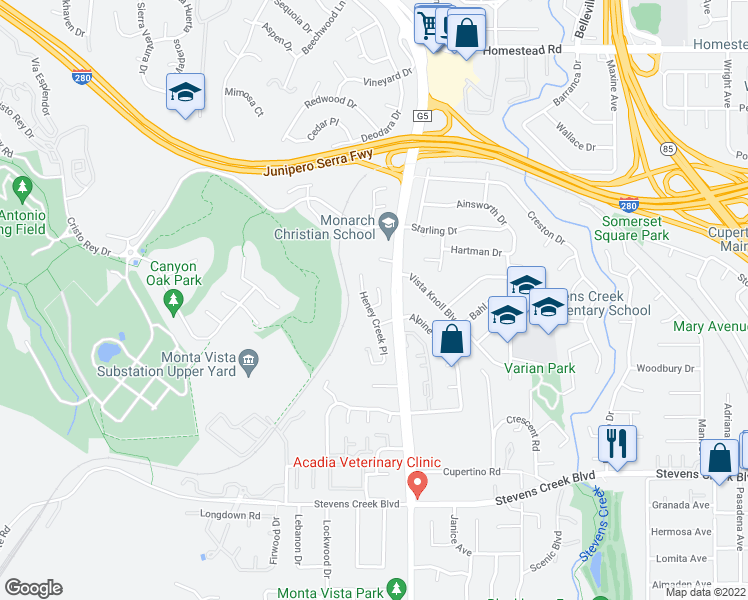 map of restaurants, bars, coffee shops, grocery stores, and more near 22639 Oakcrest Court in Cupertino