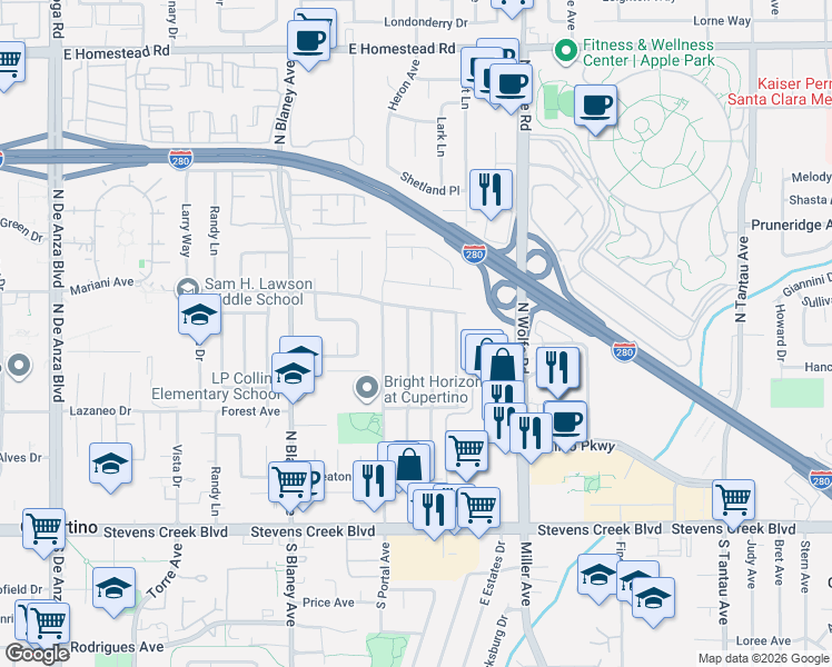 map of restaurants, bars, coffee shops, grocery stores, and more near 10407 Colby Avenue in Cupertino