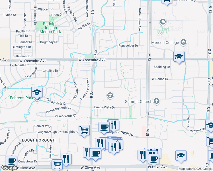 map of restaurants, bars, coffee shops, grocery stores, and more near 899 La Jolla Way in Merced