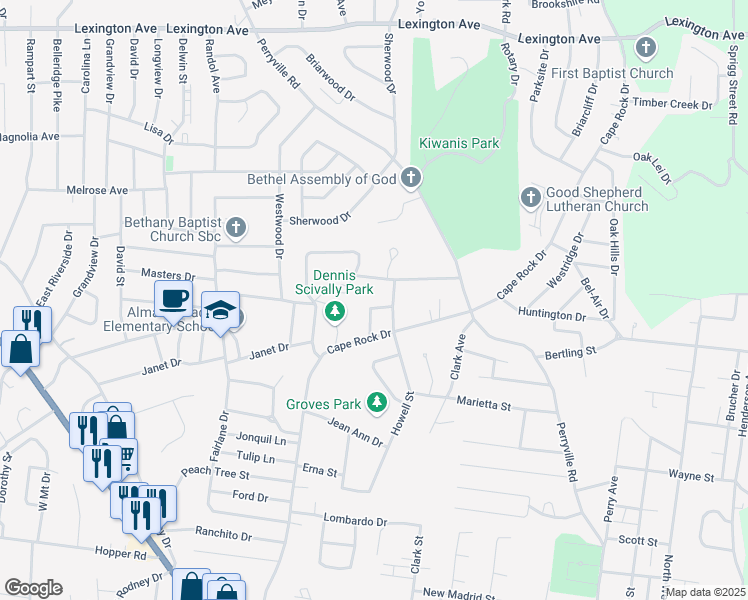 map of restaurants, bars, coffee shops, grocery stores, and more near 1645 Scivally Drive in Cape Girardeau