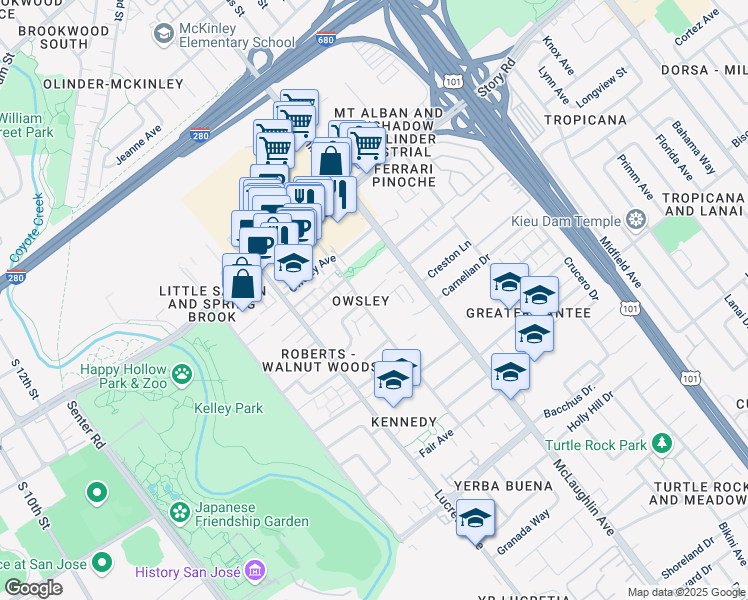 map of restaurants, bars, coffee shops, grocery stores, and more near 1058 Walnut Woods Court in San Jose