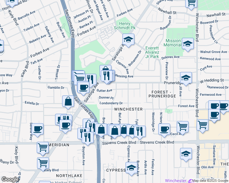 map of restaurants, bars, coffee shops, grocery stores, and more near 242 Harold Avenue in Santa Clara