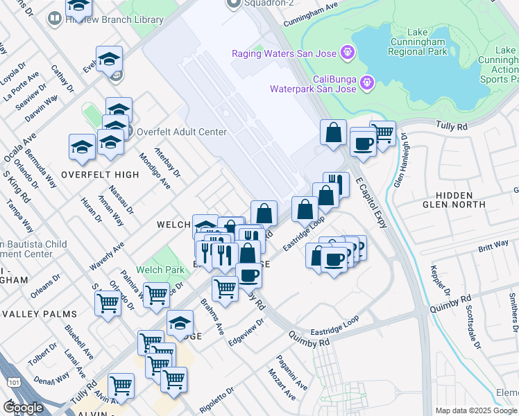 map of restaurants, bars, coffee shops, grocery stores, and more near 2255 Tully Road in San Jose