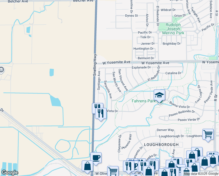 map of restaurants, bars, coffee shops, grocery stores, and more near 3546 Sarasota Avenue in Merced