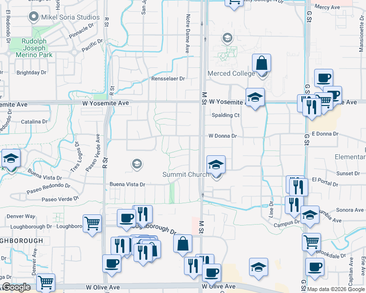 map of restaurants, bars, coffee shops, grocery stores, and more near 3434 Pala Court in Merced