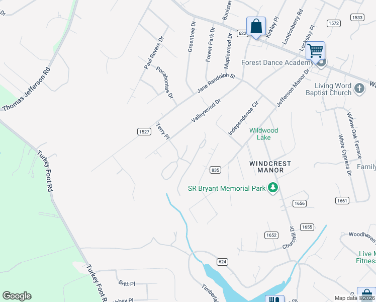 map of restaurants, bars, coffee shops, grocery stores, and more near 201 Gooseneck Court in Forest