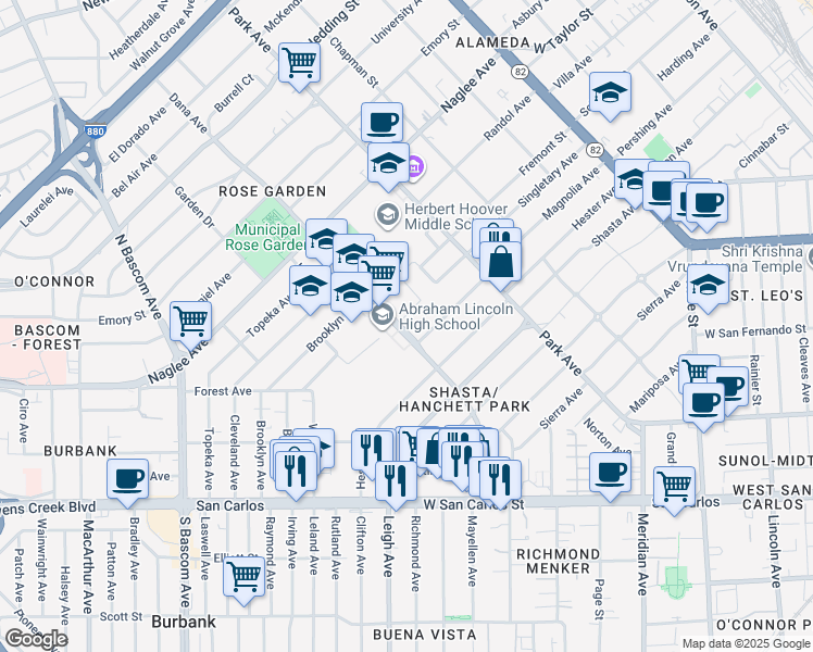 map of restaurants, bars, coffee shops, grocery stores, and more near 1564 Rosecrest Terrace in San Jose