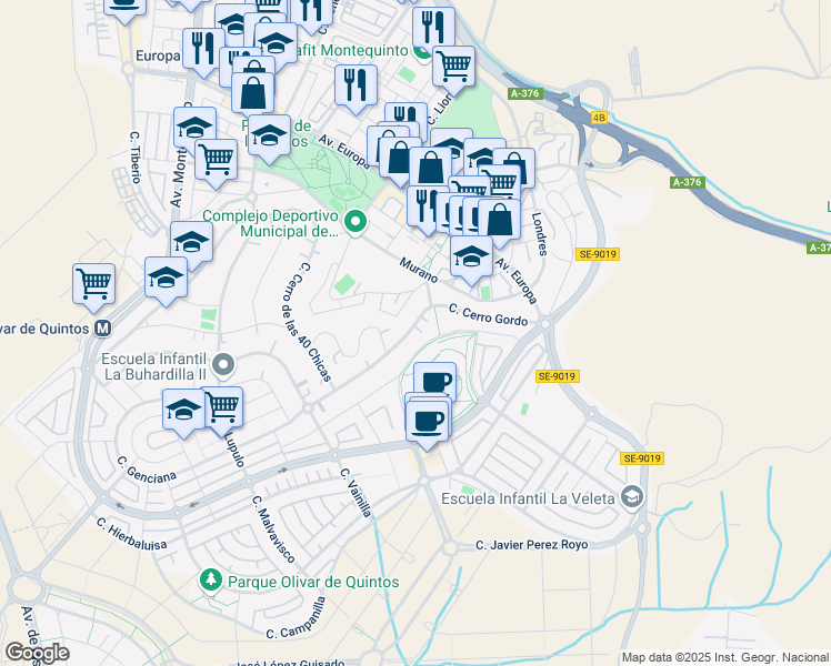 map of restaurants, bars, coffee shops, grocery stores, and more near 37 Calle Cerro Gordo in Montequinto