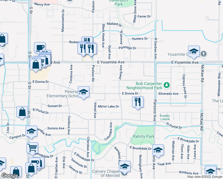 map of restaurants, bars, coffee shops, grocery stores, and more near 1132 Brownie Court in Merced