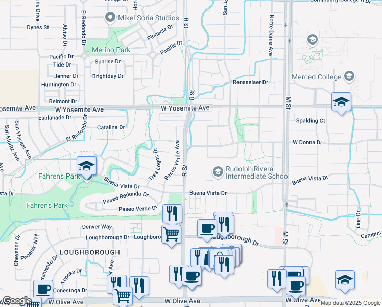 map of restaurants, bars, coffee shops, grocery stores, and more near 3420 R Street in Merced