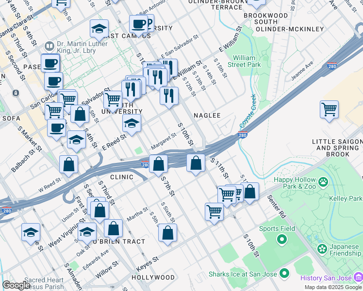 map of restaurants, bars, coffee shops, grocery stores, and more near 742 South 9th Street in San Jose