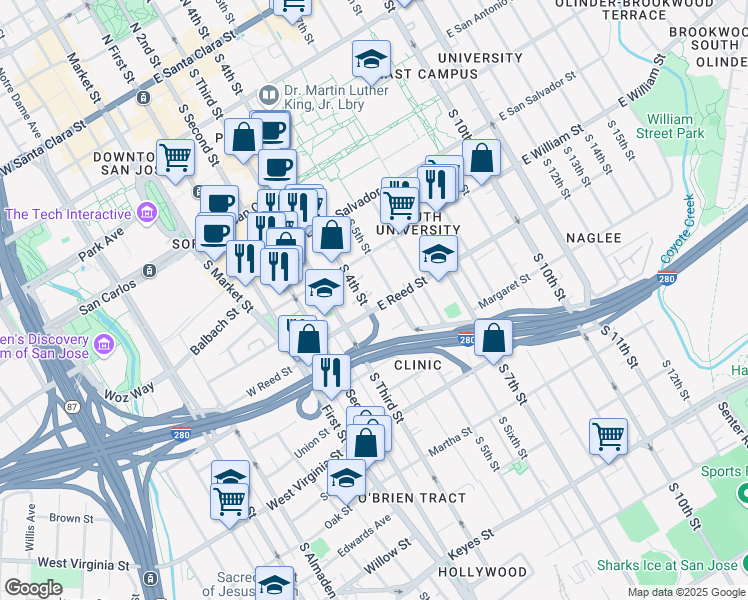 map of restaurants, bars, coffee shops, grocery stores, and more near 570 South 4th Street in San Jose