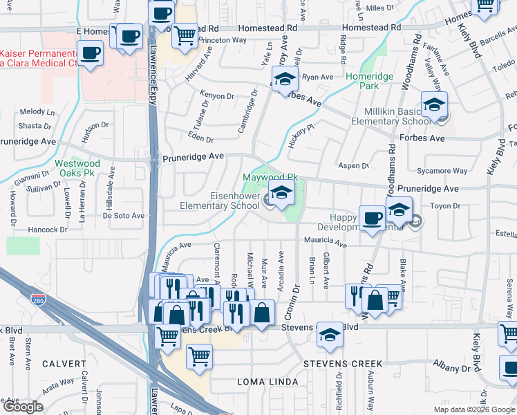 map of restaurants, bars, coffee shops, grocery stores, and more near 277 Rodonovan Drive in Santa Clara