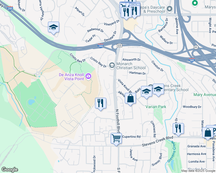 map of restaurants, bars, coffee shops, grocery stores, and more near 22639 Oakcrest Court in Cupertino