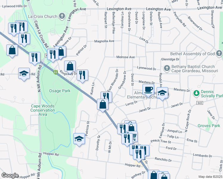 map of restaurants, bars, coffee shops, grocery stores, and more near 1508 East Riverside Drive in Cape Girardeau