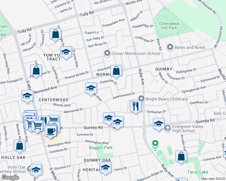map of restaurants, bars, coffee shops, grocery stores, and more near 3321 Padilla Way in San Jose